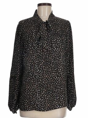 DKNY Black neck tie Blouse with Beige and White Dot Print